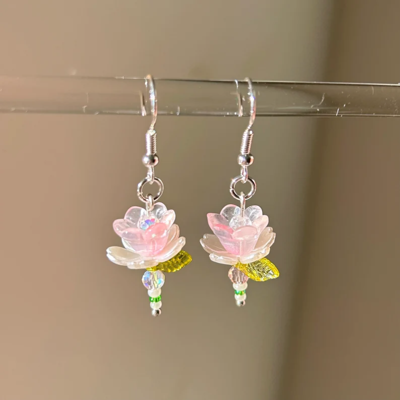 Women'S Accessories Gift Ideas - Handmade Y2k Pink Flower Earrings Beaded