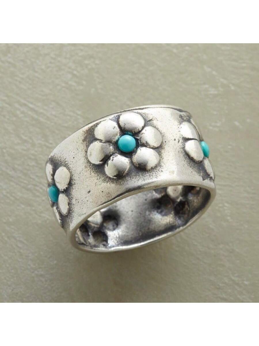 Women'S Accessories Gift Ideas - Vibrant Silvery Flower Turquoise Wide Ring